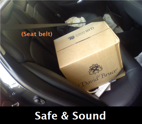 Wine is safely secured in vehicle with strong seat belt